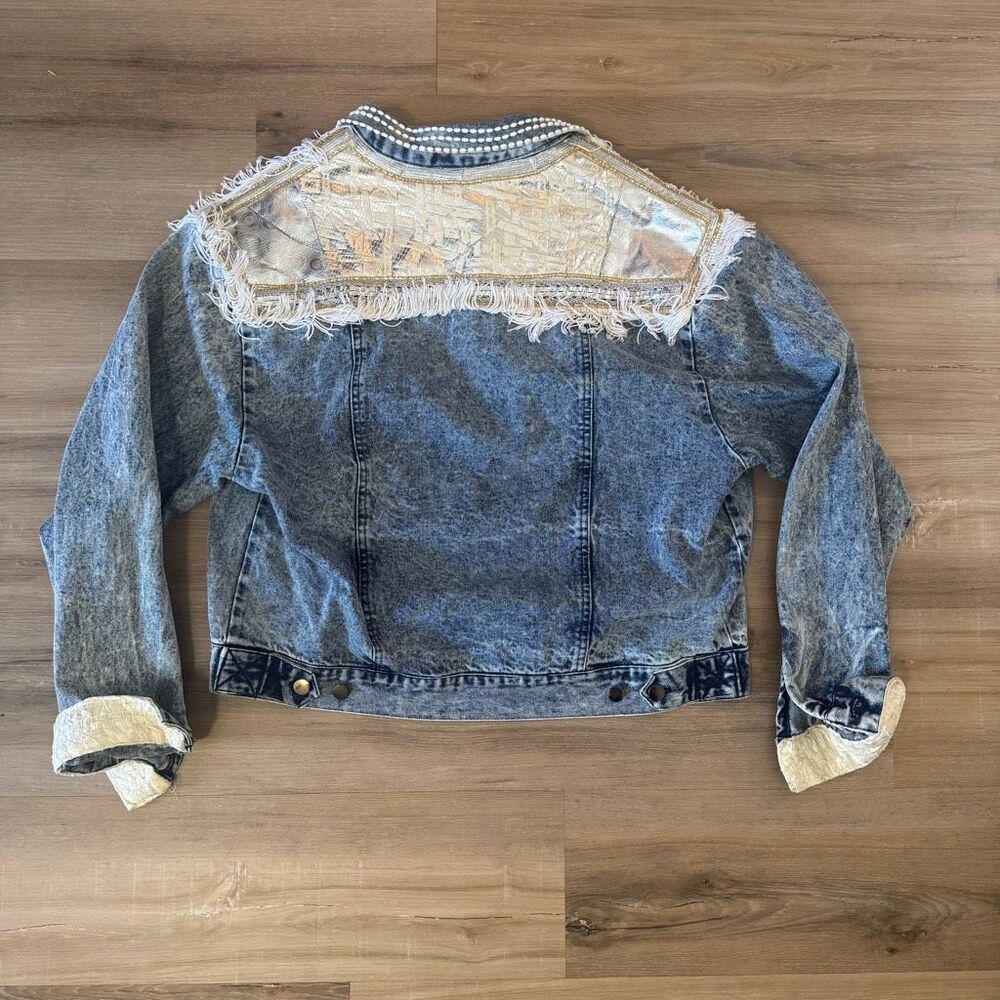 Vintage Angiolo Bellini L Embellished Jean Jacket Retro 80's Disco Beaded Lace - Picture 5 of 8